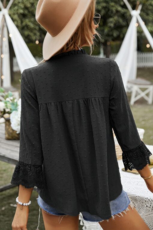 Swiss Dot Lace Splicing Sleeve V Neck Blouse - Image 4