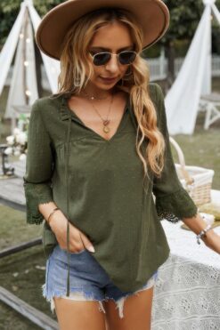 Swiss Dot Lace Splicing Sleeve V Neck Blouse