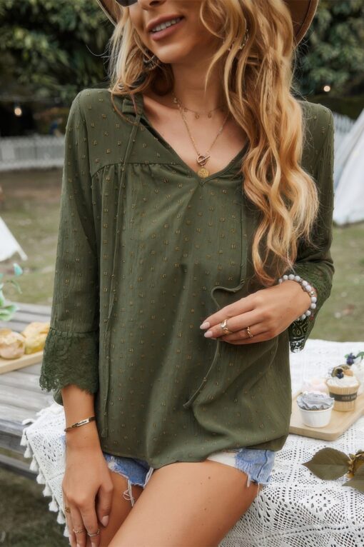 Swiss Dot Lace Splicing Sleeve V Neck Blouse - Image 6