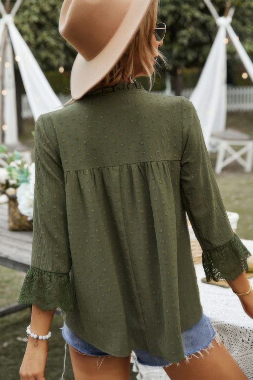 Swiss Dot Lace Splicing Sleeve V Neck Blouse - Image 8