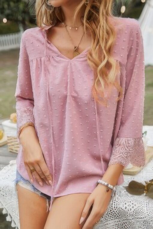 Swiss Dot Lace Splicing Sleeve V Neck Blouse - Image 9