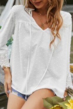 Swiss Dot Lace Splicing Sleeve V Neck Blouse