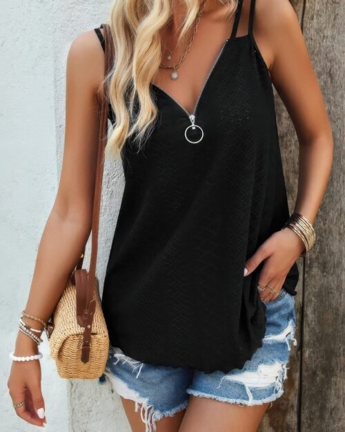 v neck eyelet trim spaghetti strap sleeveless top