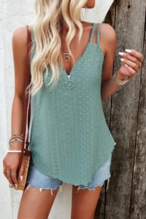 V Neck Eyelet Trim Spaghetti Strap Sleeveless Top V Neck Eyelet Trim Spaghetti Strap Sleeveless Top