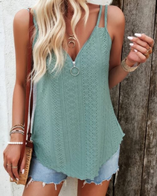 v neck eyelet trim spaghetti strap sleeveless top