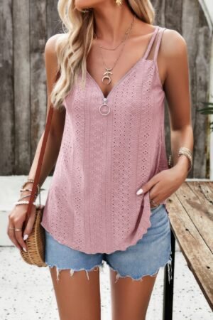 V Neck Eyelet Trim Spaghetti Strap Sleeveless Top V Neck Eyelet Trim Spaghetti Strap Sleeveless Top