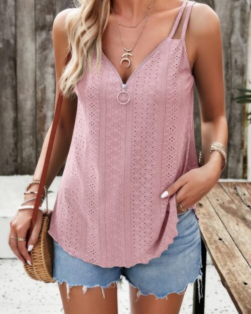 v neck eyelet trim spaghetti strap sleeveless top