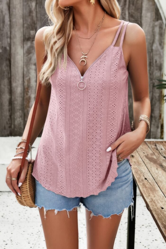 V neck eyelet trim spaghetti strap sleeveless top