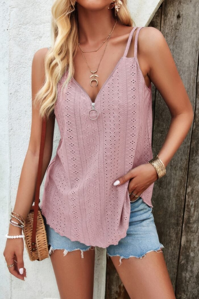 V neck eyelet trim spaghetti strap sleeveless top