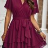Chiffon Layer Hem Waist Tie Layer Hem Ruffle Dress