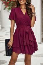 Chiffon Layer Hem Waist Tie Layer Hem Ruffle Dress - Image 2