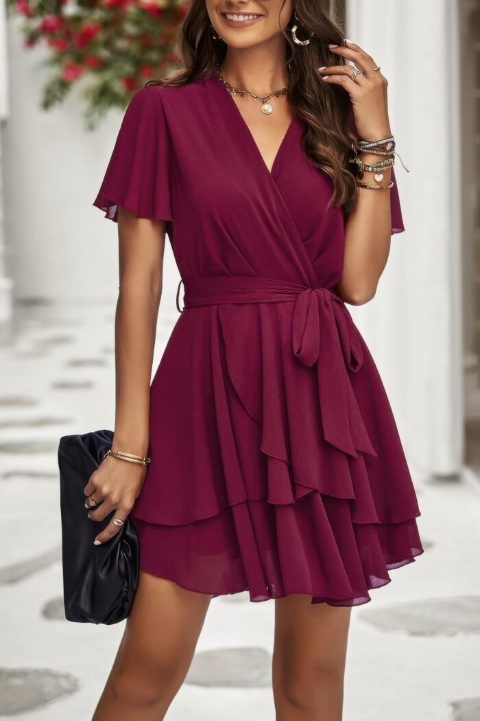 Chiffon layer hem waist tie layer hem ruffle dress - image 2