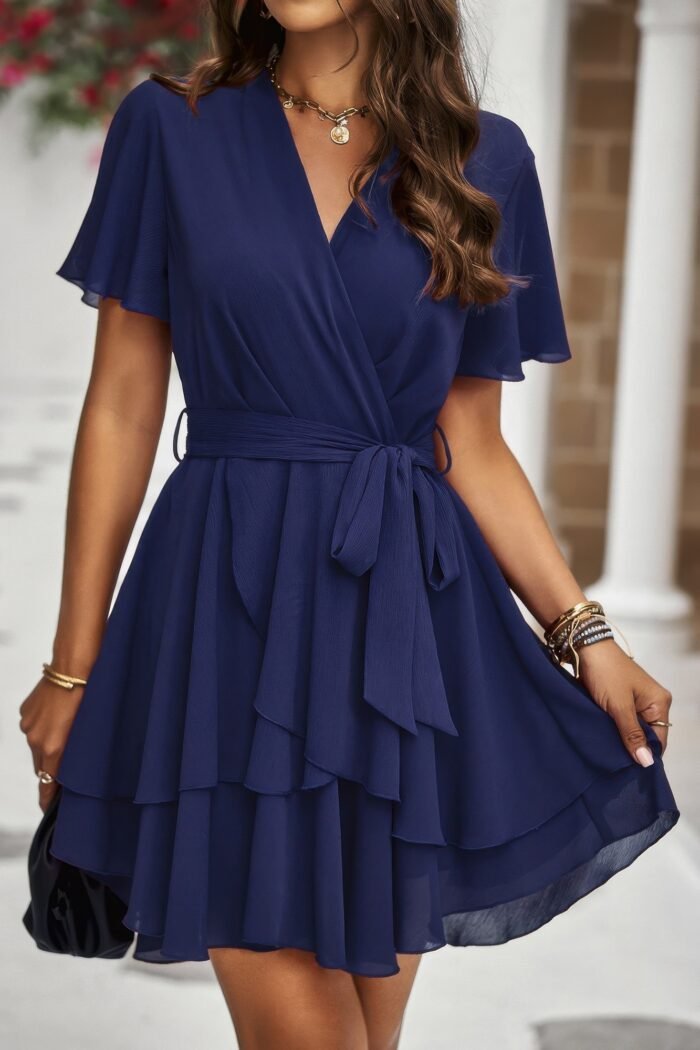 Chiffon layer hem waist tie layer hem ruffle dress - image 14