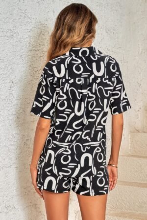 Outfit Sequins Lips Print Button Down Shorts Set