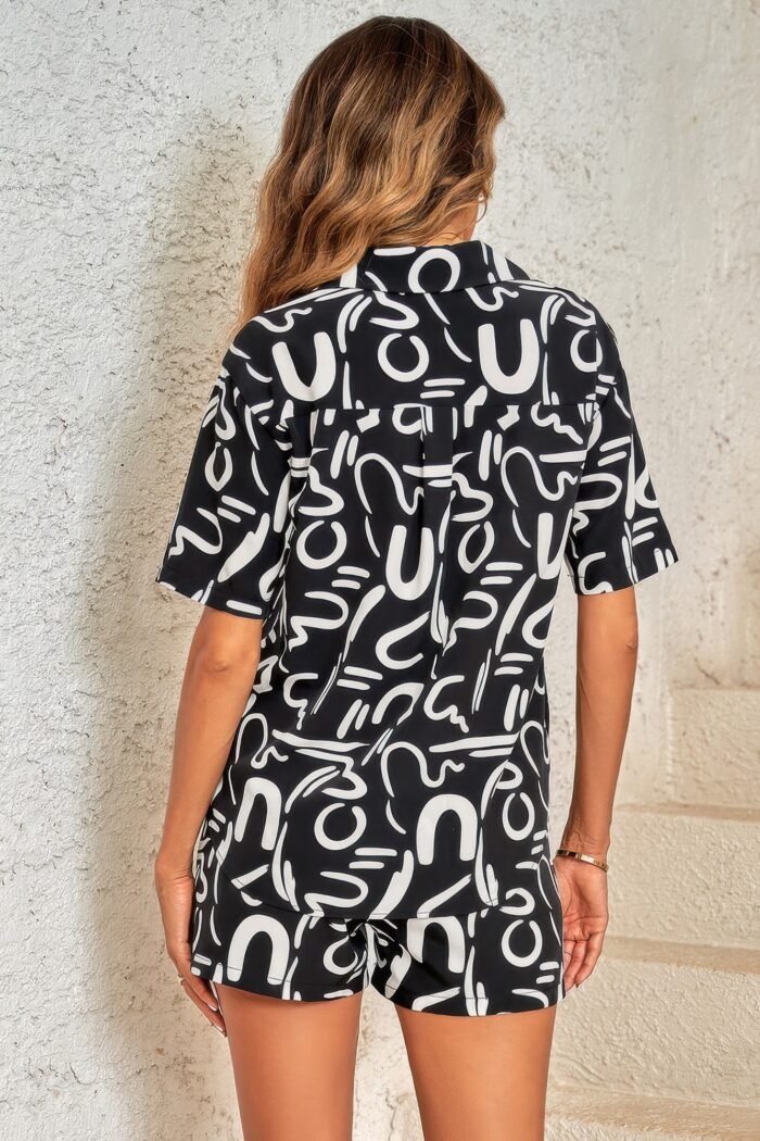 Outfit Sequins Lips Print Button Down Shorts Set - Image 11