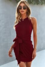 Round Neck Waist Front Tie Ruched Mini Tank Dress - Image 7