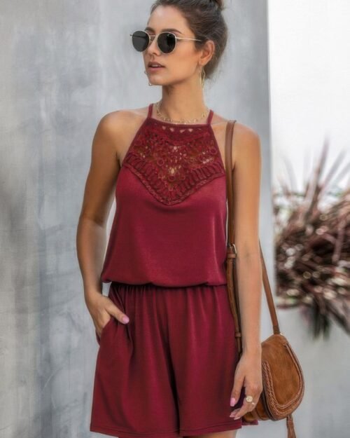 solid halter lace sleeveless patchwork romper