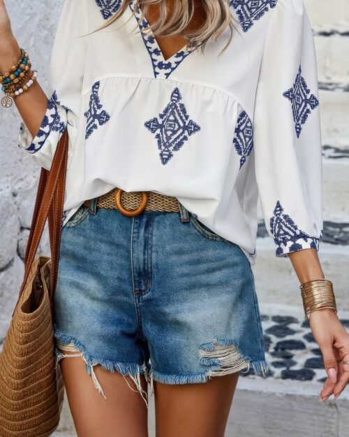 Printed T Shirt V Neck Loose Puff Sleeves Shirts