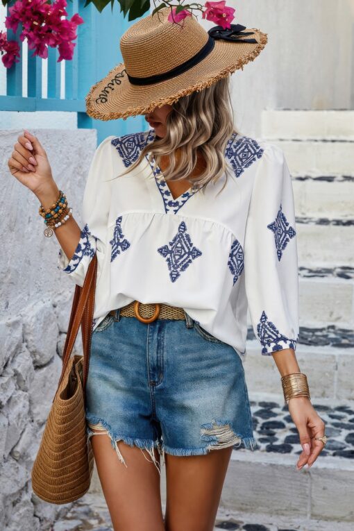 Printed T Shirt V Neck Loose Puff Sleeves Shirts - Image 2