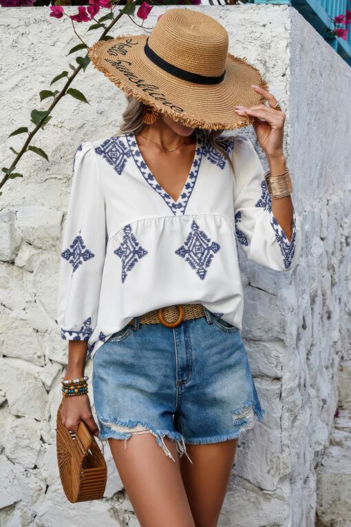Printed T Shirt V Neck Loose Puff Sleeves Shirts - Image 4