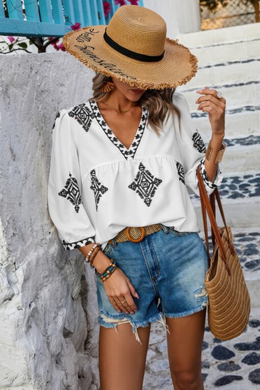 Printed T Shirt V Neck Loose Puff Sleeves Shirts - Image 6
