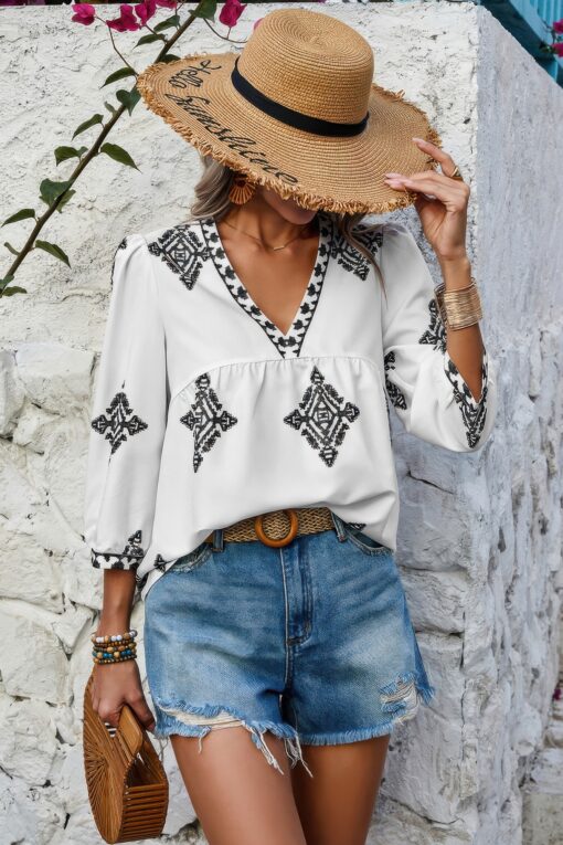 Printed T Shirt V Neck Loose Puff Sleeves Shirts - Image 7