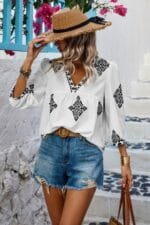 Printed T Shirt V Neck Loose Puff Sleeves Shirts