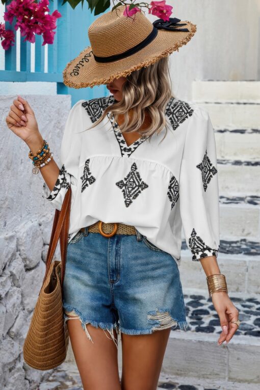 Printed T Shirt V Neck Loose Puff Sleeves Shirts - Image 9