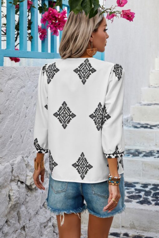 Printed T Shirt V Neck Loose Puff Sleeves Shirts - Image 10