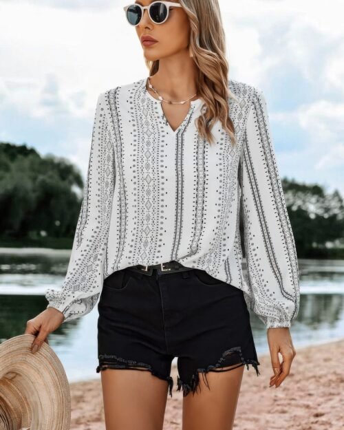 Striped V Neck Vertical Stripe Loose Blouse