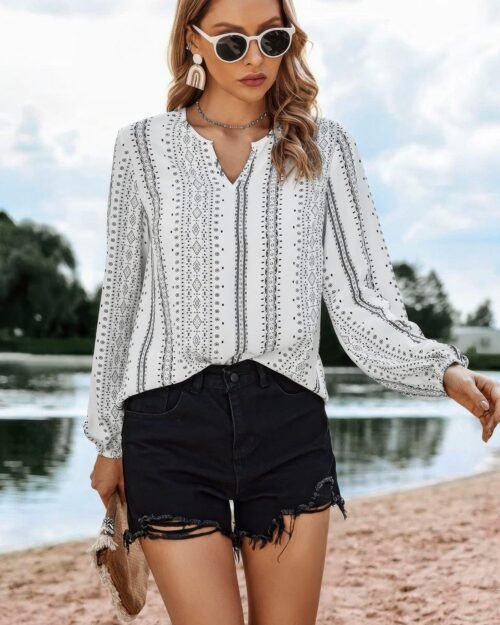 striped v neck vertical stripe loose blouse