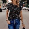 Round Neck Polka Dot Print Petal Sleeve Blouse