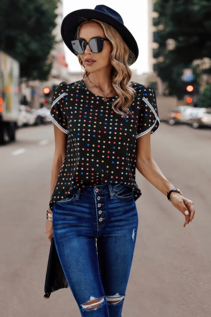 Round neck polka dot print petal sleeve blouse