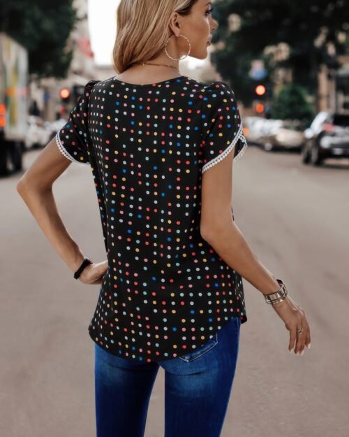 round neck polka dot print petal sleeve blouse