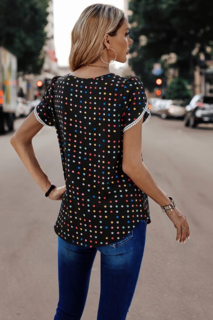 Round neck polka dot print petal sleeve blouse