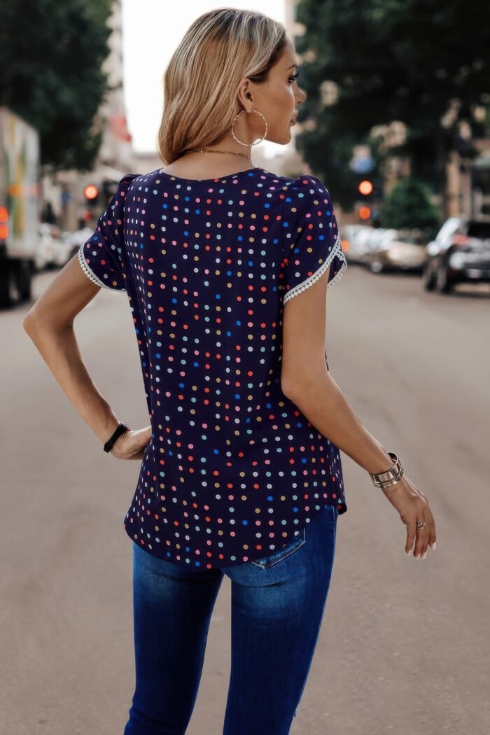 Round neck polka dot print petal sleeve blouse