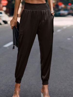 High Waist Trousers Pocket Satin Jogger Pants