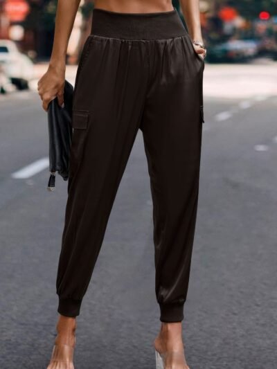 High Waist Trousers Pocket Satin Jogger Pants