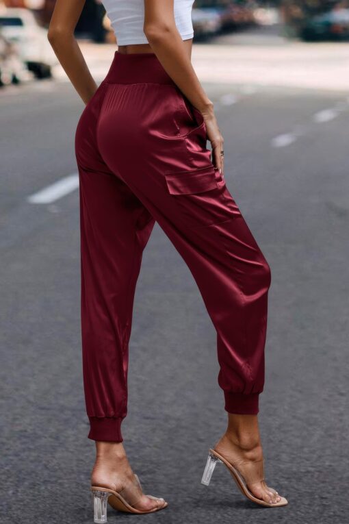 High Waist Trousers Pocket Satin Jogger Pants - Image 7