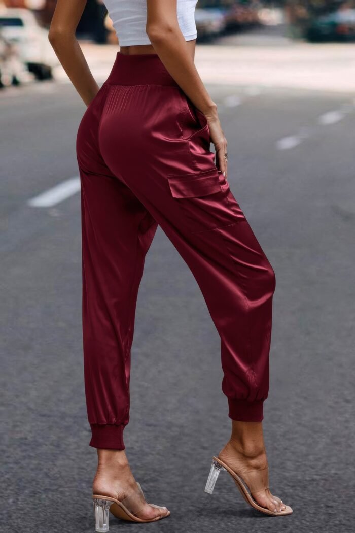 High waist trousers pocket satin jogger pants
