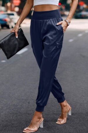 High Waist Trousers Pocket Satin Jogger Pants High Waist Trousers Pocket Satin Jogger Pants