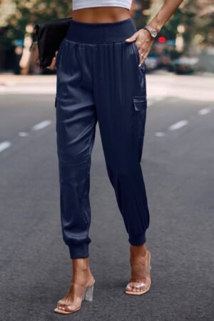 High Waist Trousers Pocket Satin Jogger Pants High Waist Trousers Pocket Satin Jogger Pants