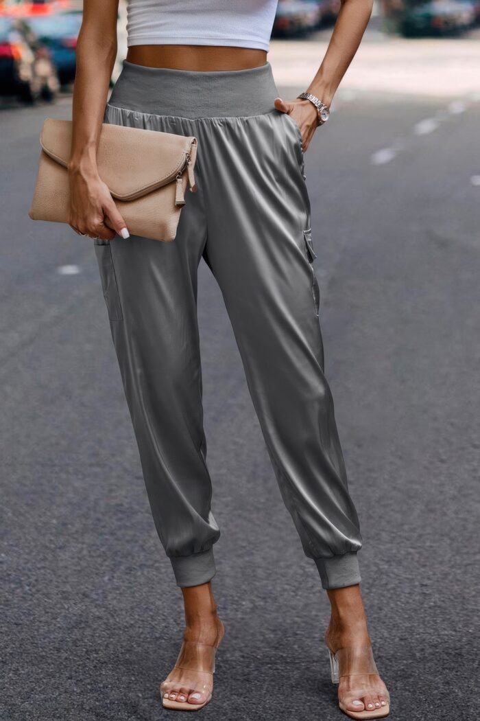 High waist trousers pocket satin jogger pants