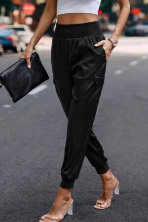 High Waist Trousers Pocket Satin Jogger Pants High Waist Trousers Pocket Satin Jogger Pants