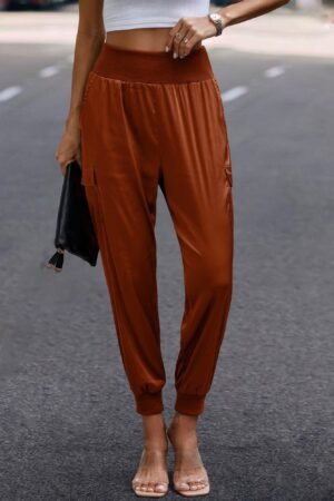 High Waist Trousers Pocket Satin Jogger Pants High Waist Trousers Pocket Satin Jogger Pants