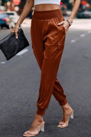High Waist Trousers Pocket Satin Jogger Pants High Waist Trousers Pocket Satin Jogger Pants