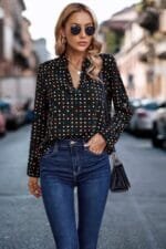 Polka Dot Puff Sleeve Notched Neckline Blouse