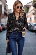 Polka Dot Puff Sleeve Notched Neckline Blouse