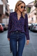 Polka Dot Puff Sleeve Notched Neckline Blouse