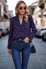 Polka Dot Puff Sleeve Notched Neckline Blouse